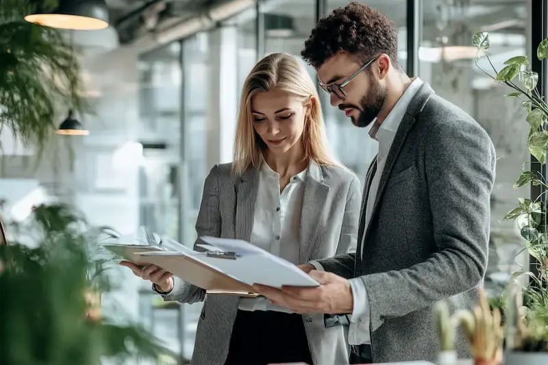 female-and-male-discussing-papers